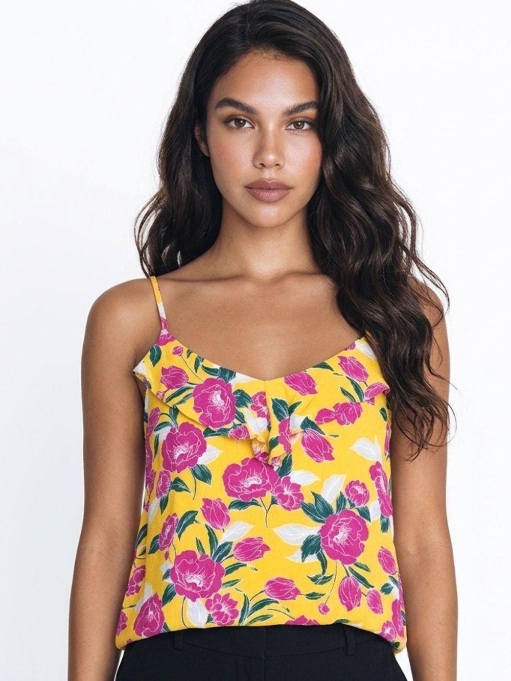 LUSH | NEW Yellow Pink Floral Sleeveless Top Ruffle Accent Women’s Size Medium